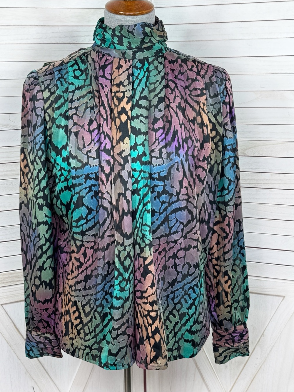 Vintage 90s Tess Ombre Rainbow Animal Print High Neck Pleated Blouse Size 8